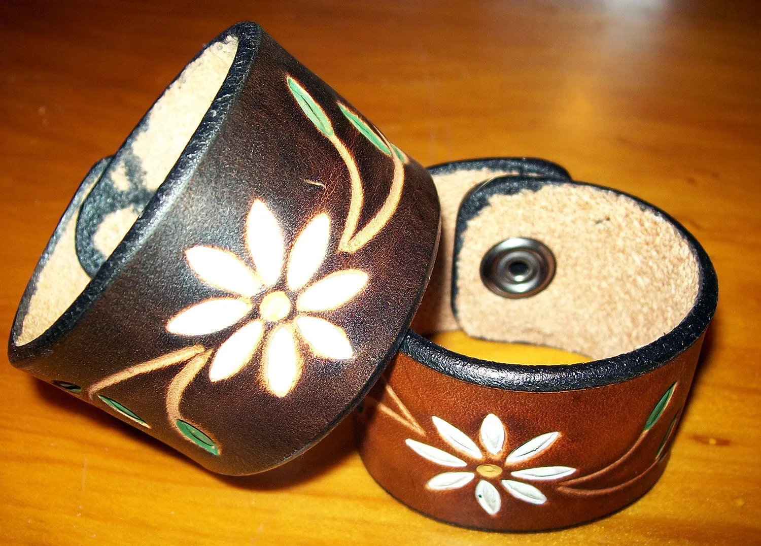 Handmade Leather Bracelets with Tooled and Painted Daisy Flower Design