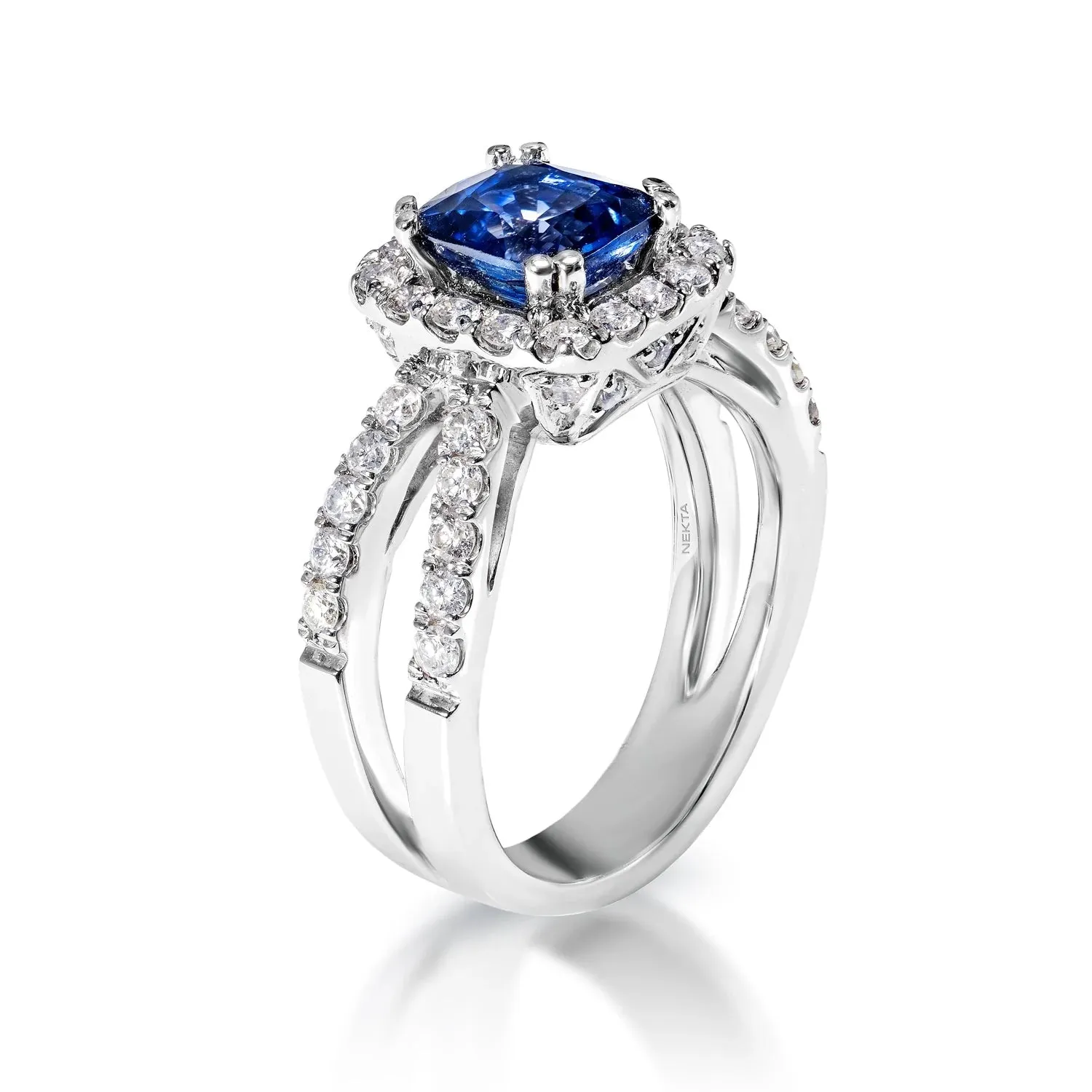 Hayden 3 Carat Cushion Cut Blue Sapphire Ring in 14 Karat White Gold