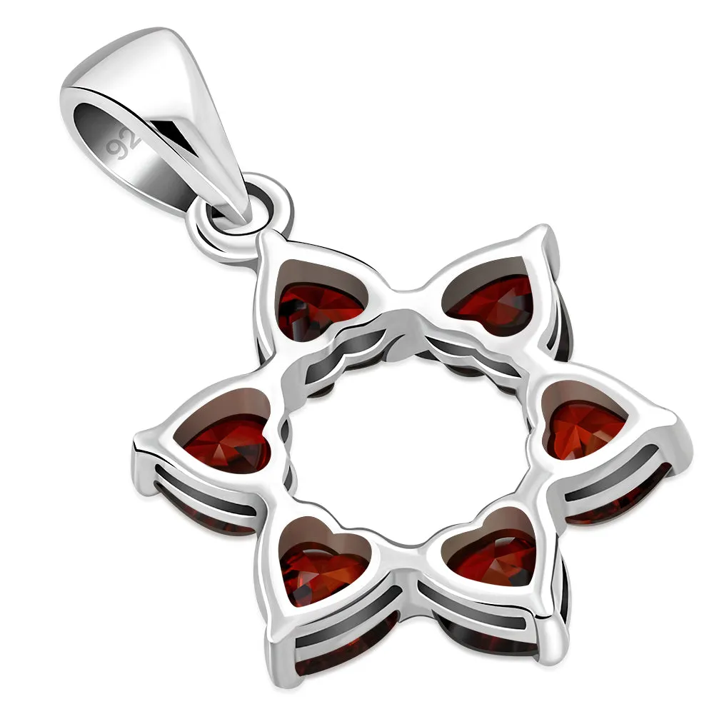 Heart Shape Garnet CZ Star David Silver Pendant