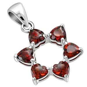 Heart Shape Garnet CZ Star David Silver Pendant