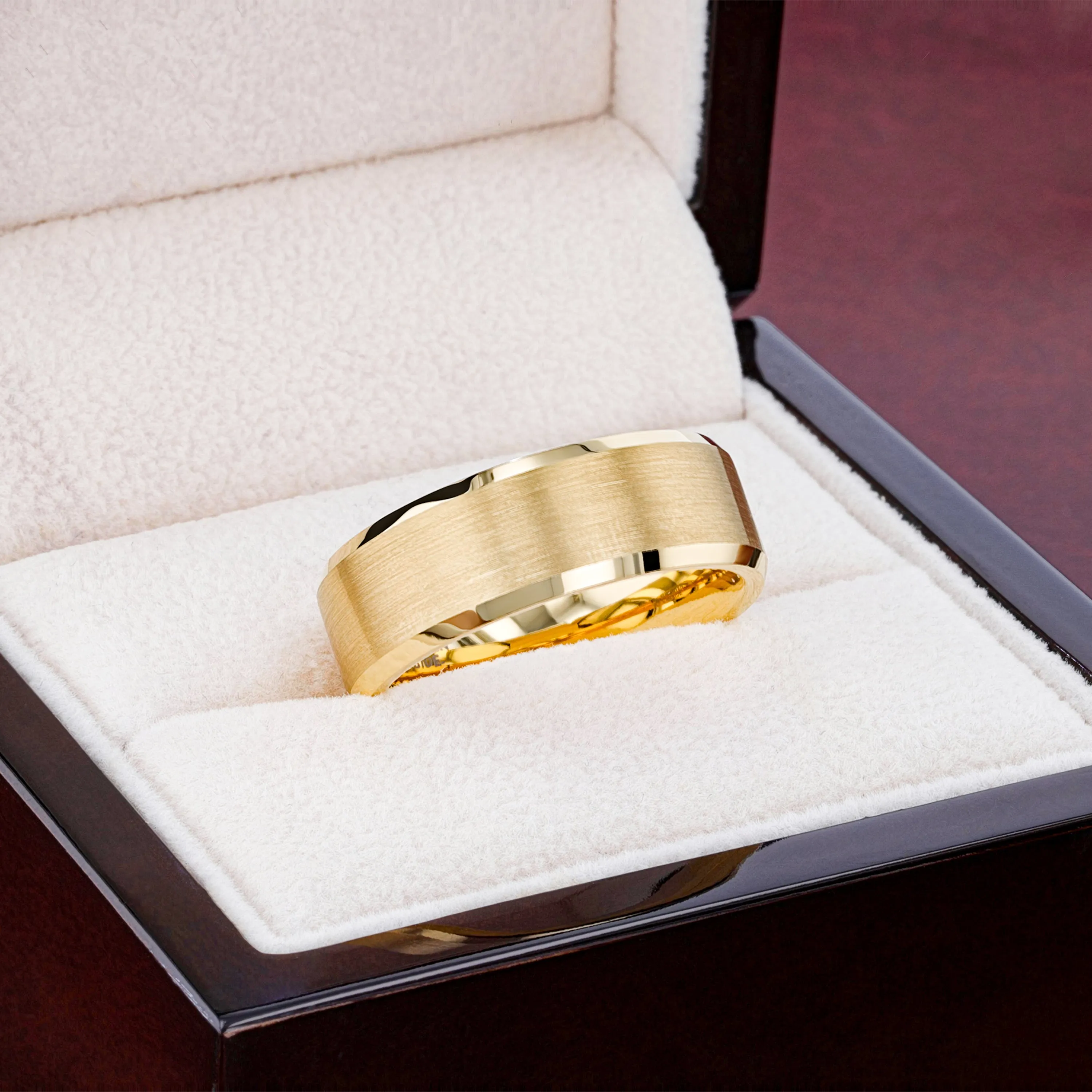 HONOR Gold-Plated Tungsten Beveled Polished Edges Flat Ring with Brushed Center - 6mm & 8mm