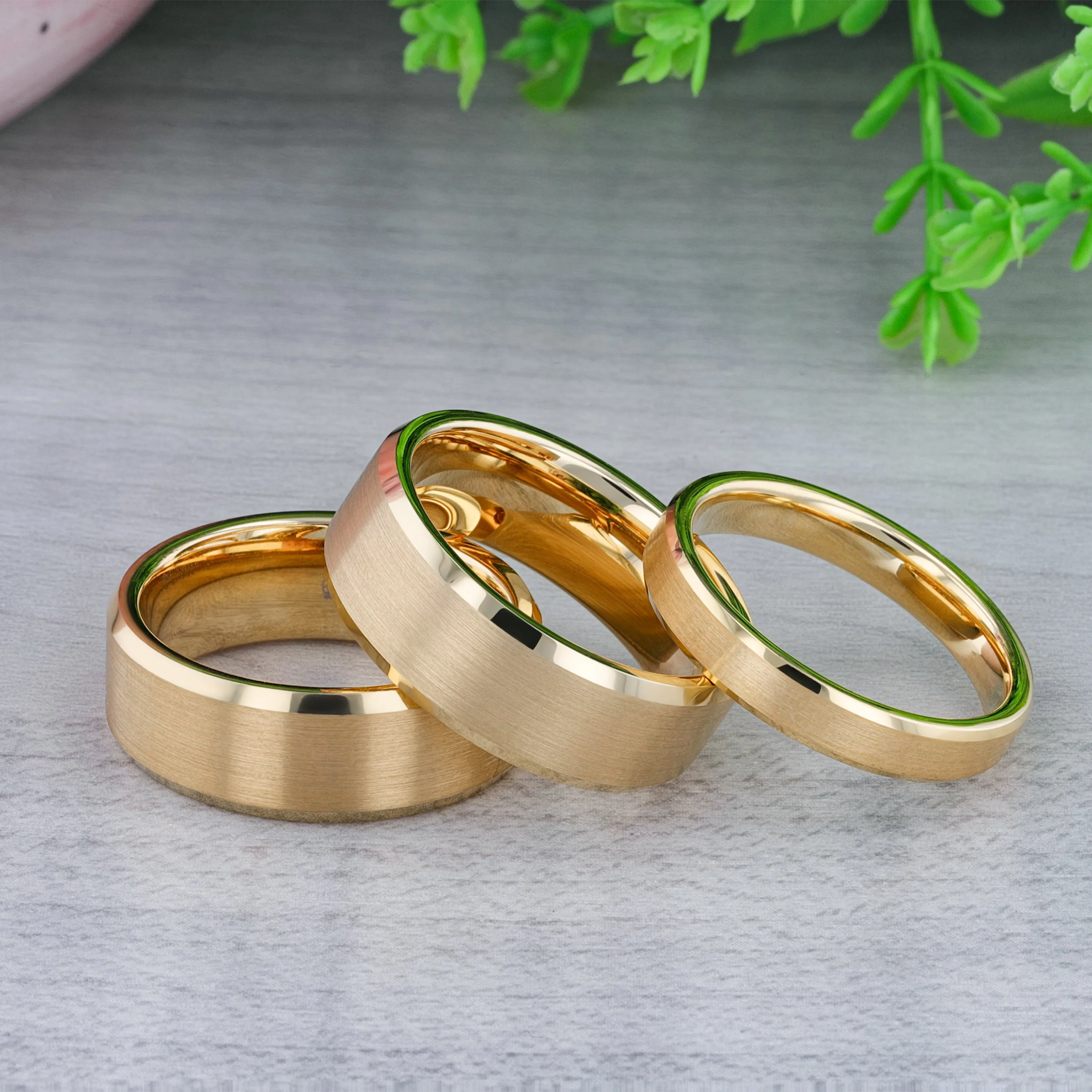 HONOR Gold-Plated Tungsten Beveled Polished Edges Flat Ring with Brushed Center - 6mm & 8mm