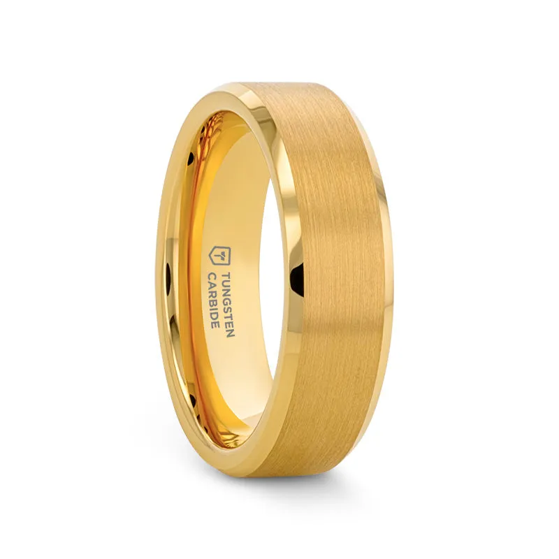 HONOR Gold-Plated Tungsten Beveled Polished Edges Flat Ring with Brushed Center - 6mm & 8mm