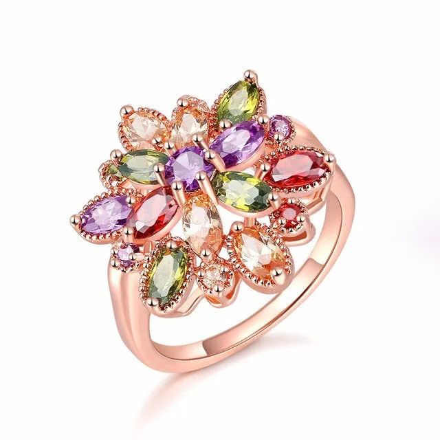 Hot Sale Design AAA Cubic Zirconia Crystal Stone Wedding Flower Rings for Women Trendy Rose Gold Plated Jewelry