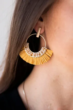 Jackie Raffia Post Back Hoops | Circle Design With Crystal Details | Brushed Brass Fall Earrings