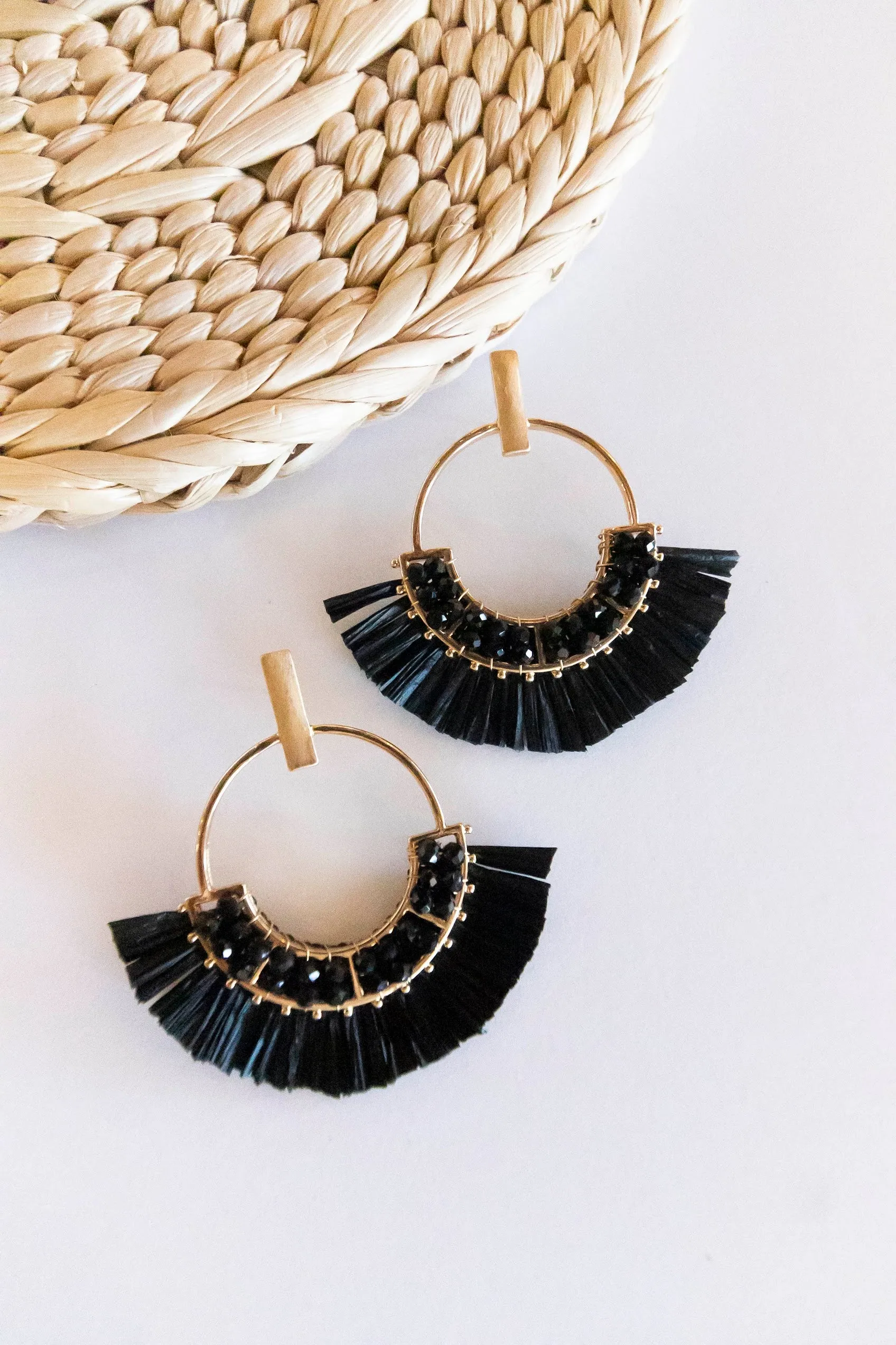 Jackie Raffia Post Back Hoops | Circle Design With Crystal Details | Brushed Brass Fall Earrings