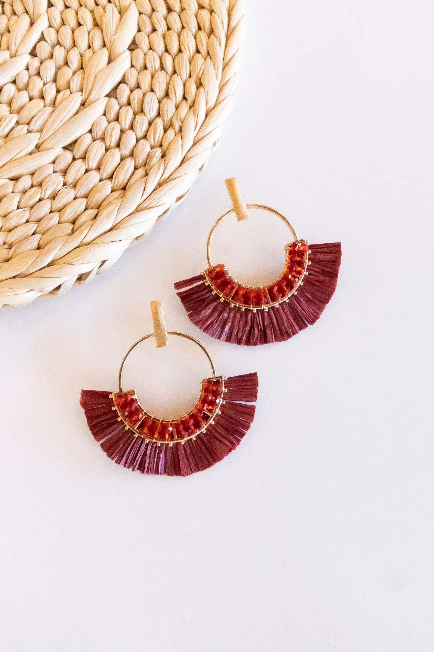 Jackie Raffia Post Back Hoops | Circle Design With Crystal Details | Brushed Brass Fall Earrings