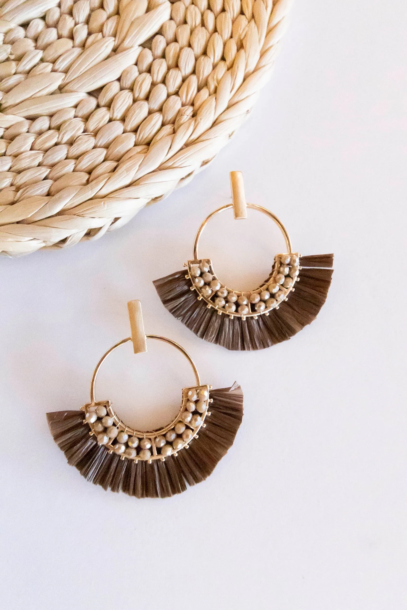 Jackie Raffia Post Back Hoops | Circle Design With Crystal Details | Brushed Brass Fall Earrings