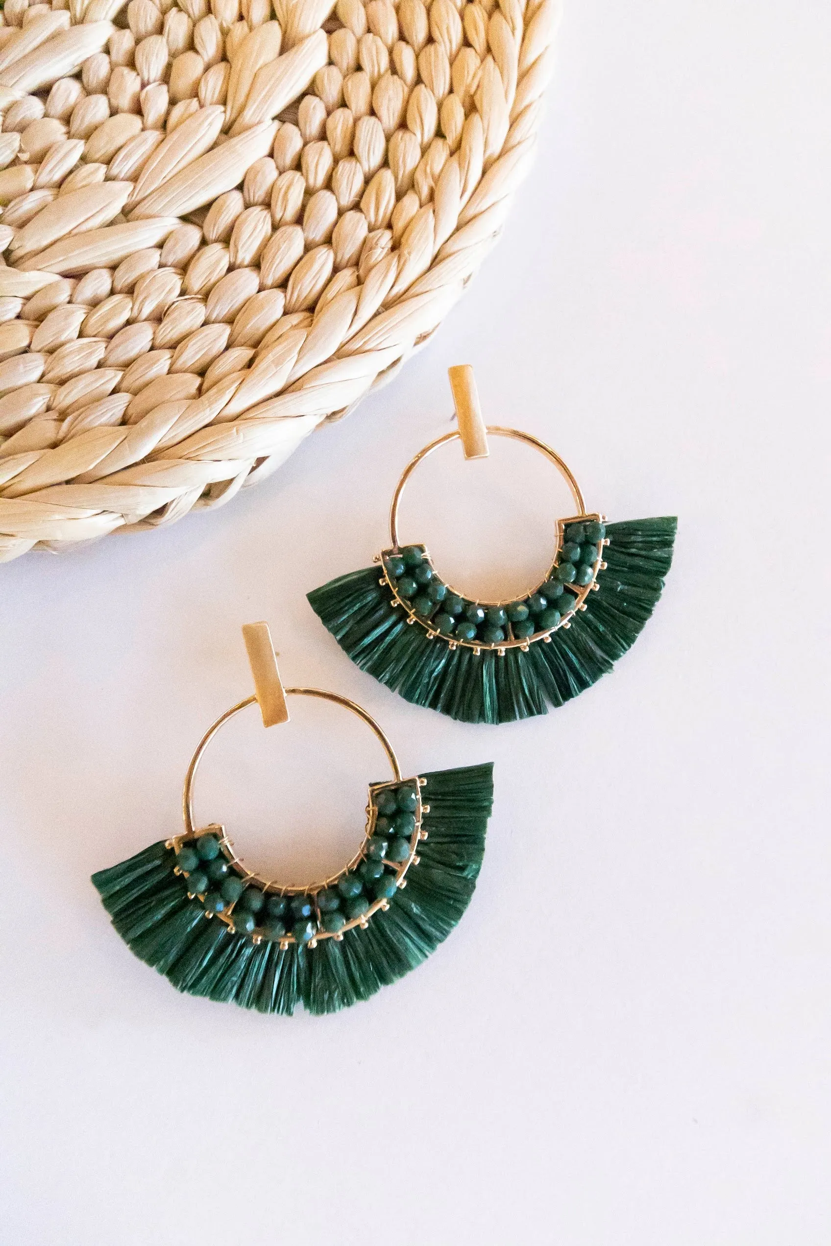 Jackie Raffia Post Back Hoops | Circle Design With Crystal Details | Brushed Brass Fall Earrings