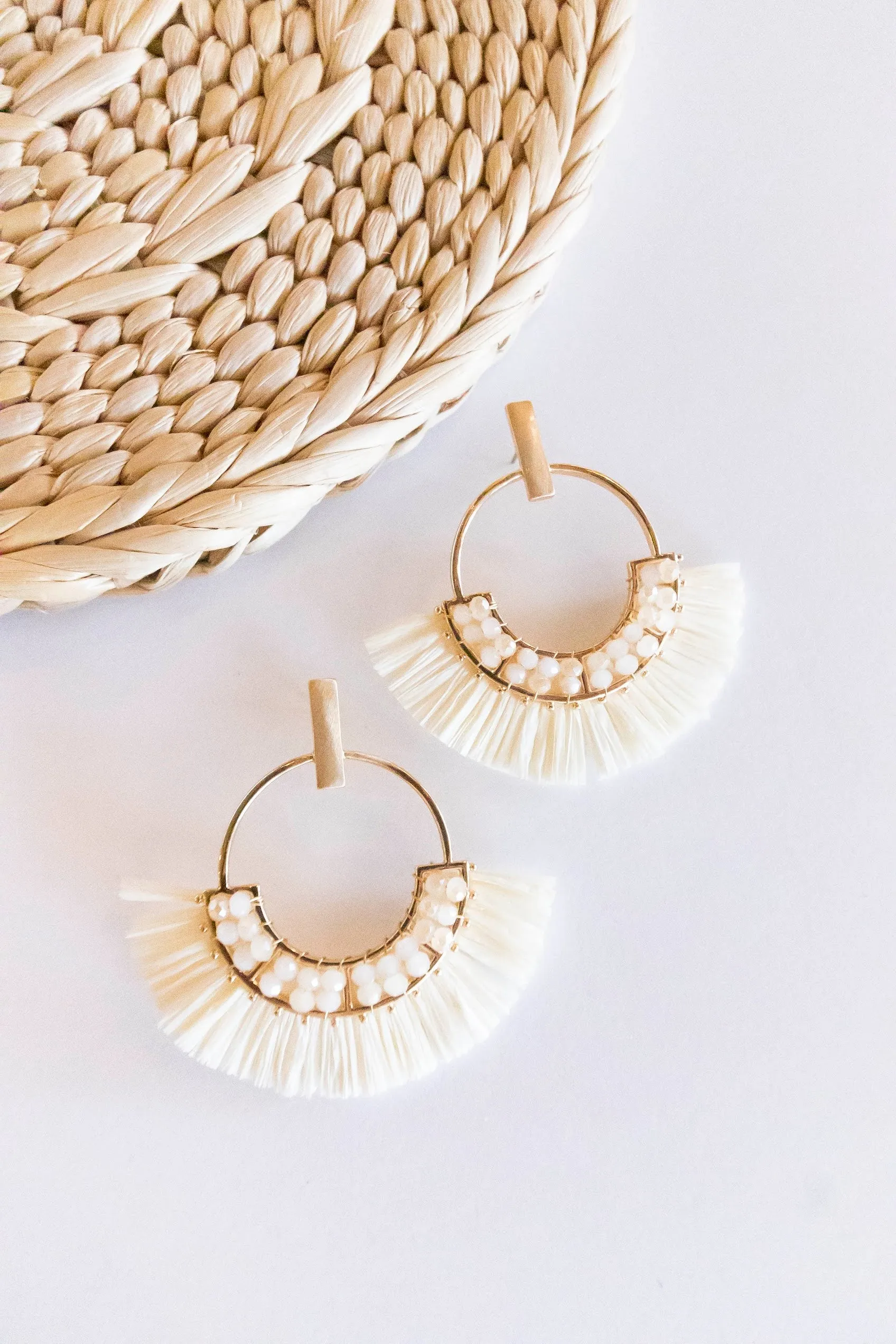 Jackie Raffia Post Back Hoops | Circle Design With Crystal Details | Brushed Brass Fall Earrings