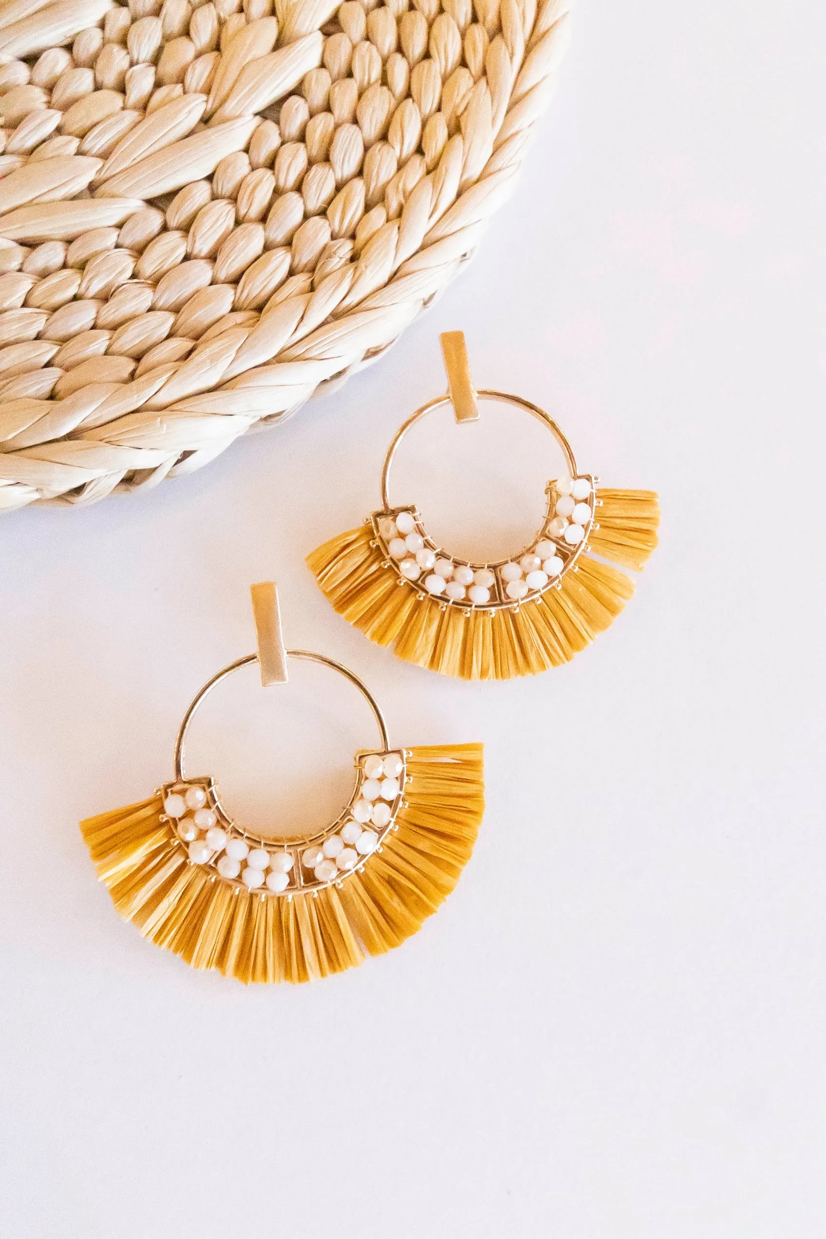 Jackie Raffia Post Back Hoops | Circle Design With Crystal Details | Brushed Brass Fall Earrings