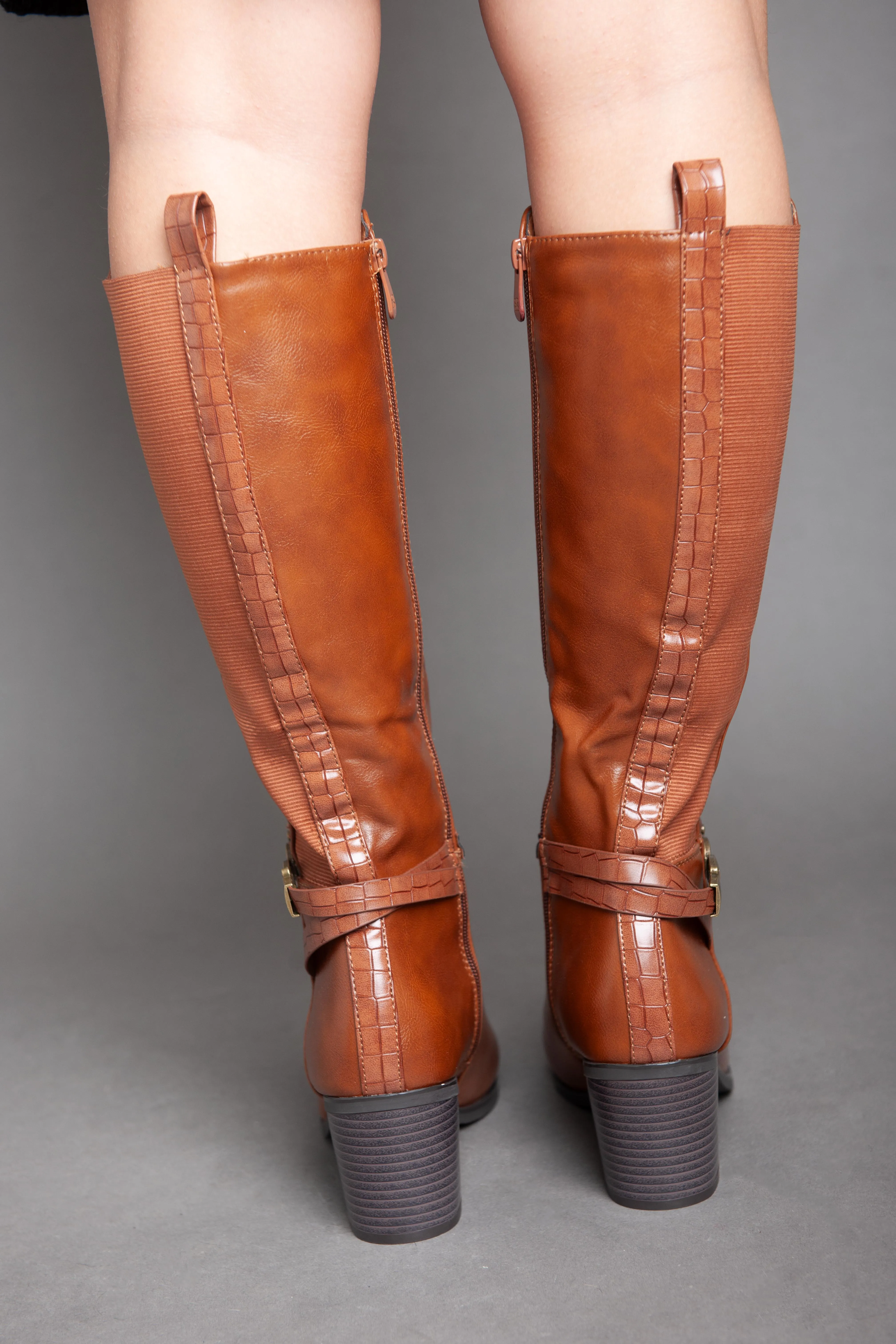 Leather Strap With Chains - Knee Boot - Camel