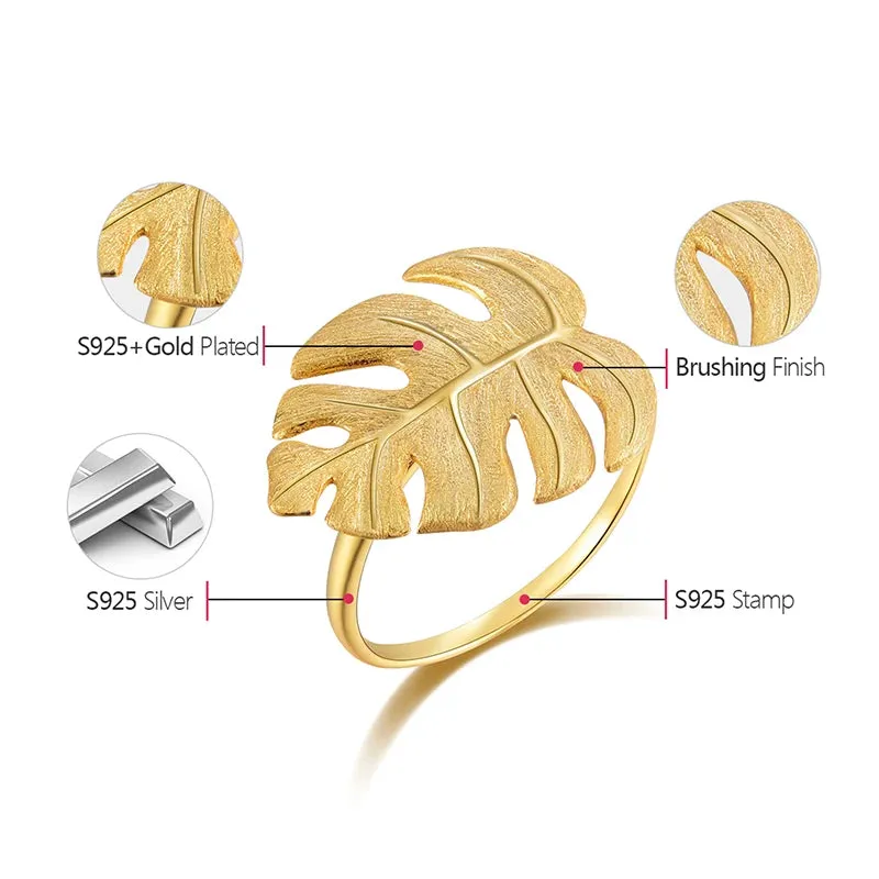 LOLO  Real 925 Sterling Silver Natural Designer Fine Jewelry 18K Gold Monstera Leaves Ring Adjustable Rings for Women.