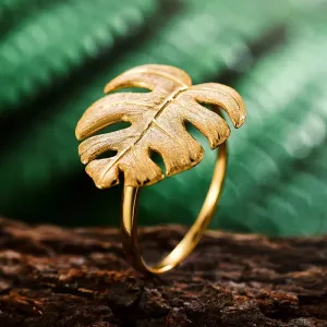 LOLO  Real 925 Sterling Silver Natural Designer Fine Jewelry 18K Gold Monstera Leaves Ring Adjustable Rings for Women.