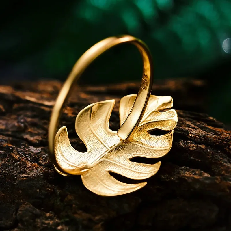 LOLO  Real 925 Sterling Silver Natural Designer Fine Jewelry 18K Gold Monstera Leaves Ring Adjustable Rings for Women.