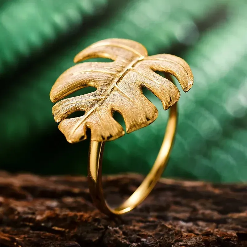 LOLO  Real 925 Sterling Silver Natural Designer Fine Jewelry 18K Gold Monstera Leaves Ring Adjustable Rings for Women.