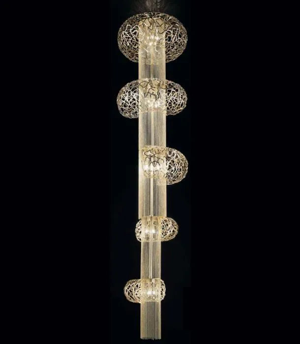 Modern 3 Metre Gold, Light Gold, Steel Or Bronze Filigree Stairwell Chandelier