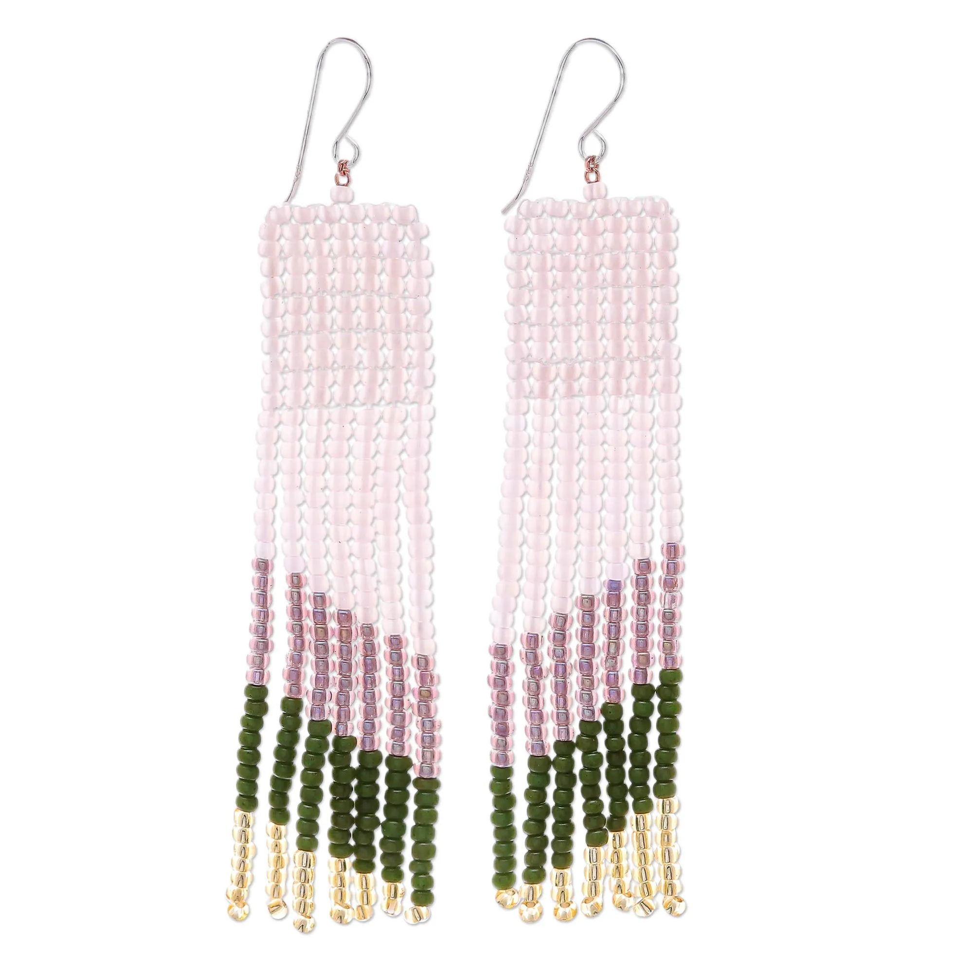 Modern Waterfall in Green Hand Beaded Waterfall Dangle Earrings Pink Green