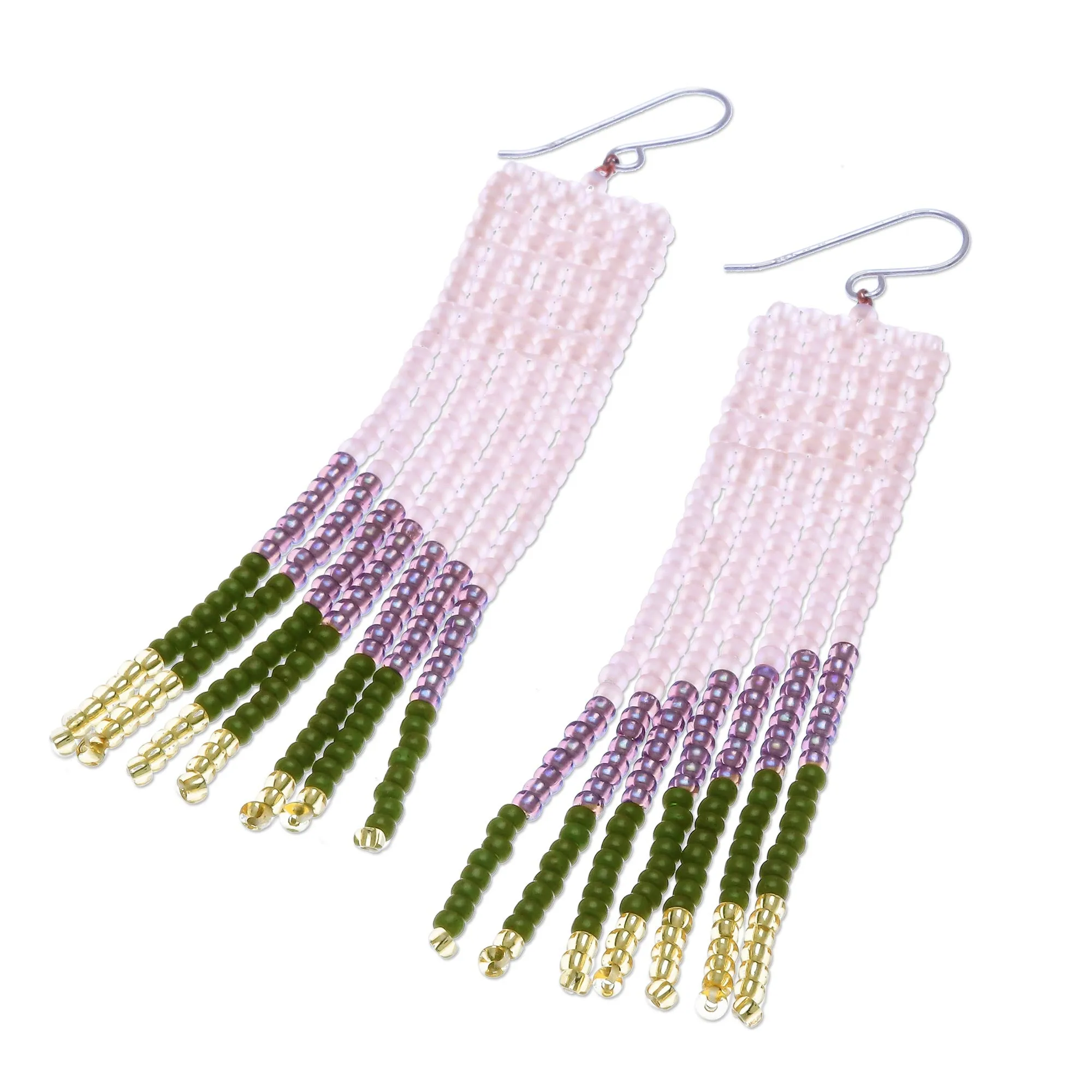 Modern Waterfall in Green Hand Beaded Waterfall Dangle Earrings Pink Green