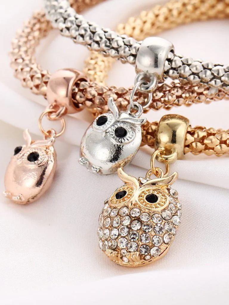 Multicolor Owl Charm Bracelet 3Pcs