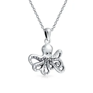 Nautical Ocean Marine Life Squid Octopus Pendant Necklace in Sterling Silver