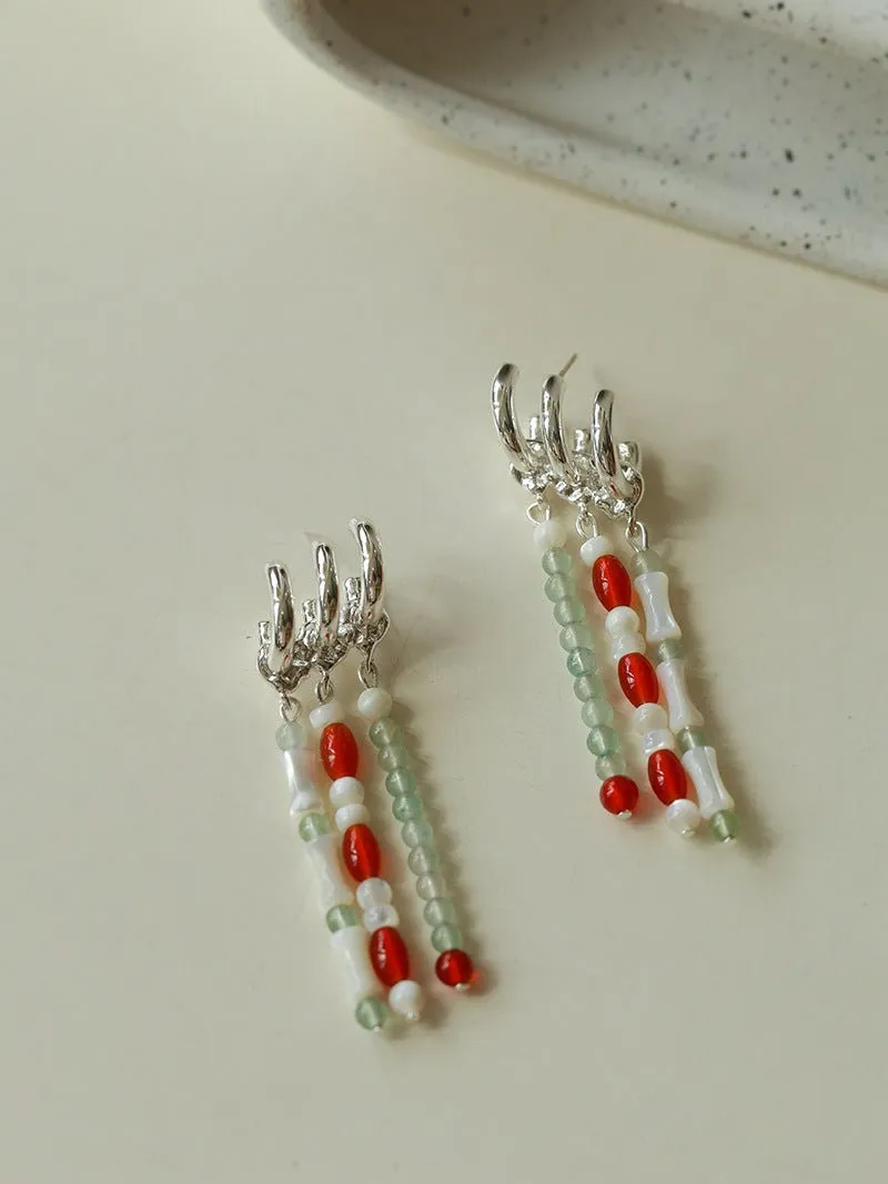 New Chinese Style Bamboo Aventurine Commuting Three-Layer Earrings