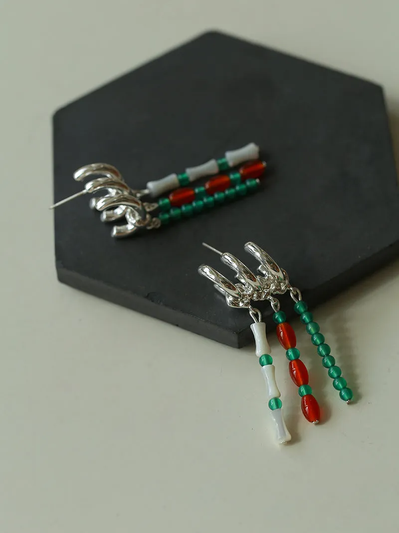 New Chinese Style Bamboo Aventurine Commuting Three-Layer Earrings