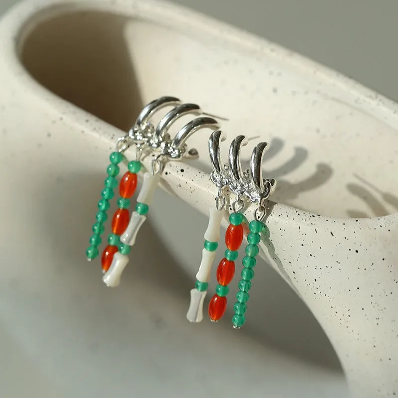 New Chinese Style Bamboo Aventurine Commuting Three-Layer Earrings