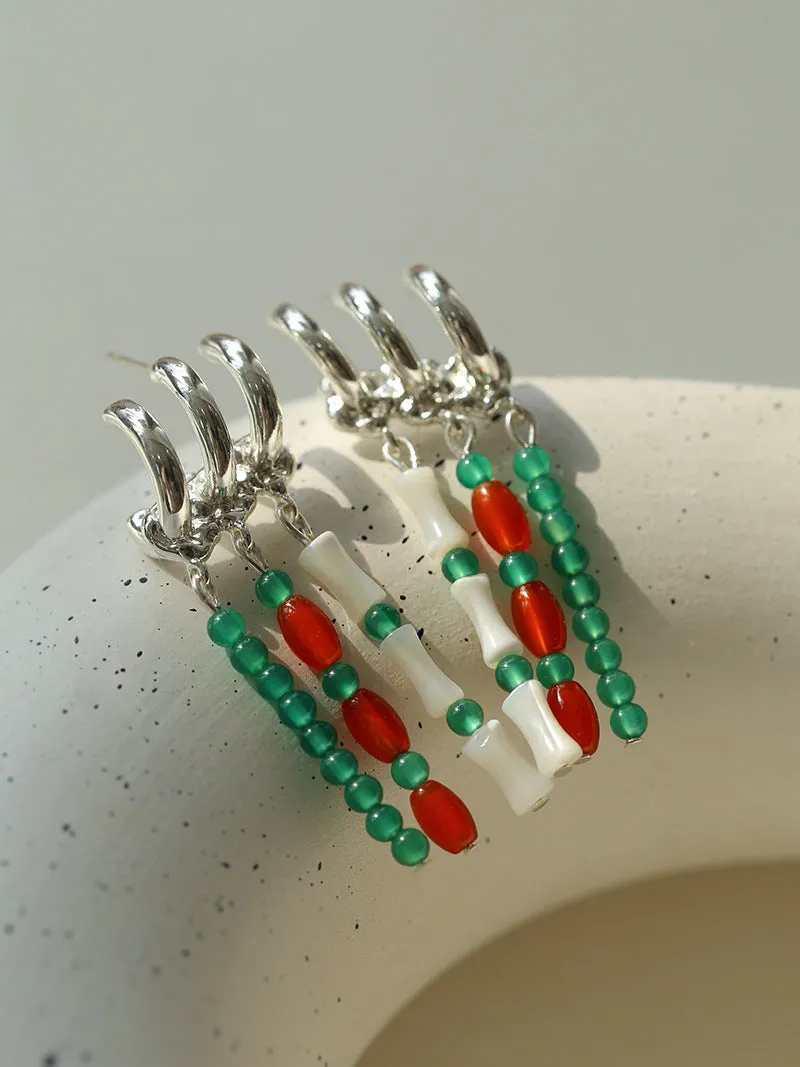 New Chinese Style Bamboo Aventurine Commuting Three-Layer Earrings