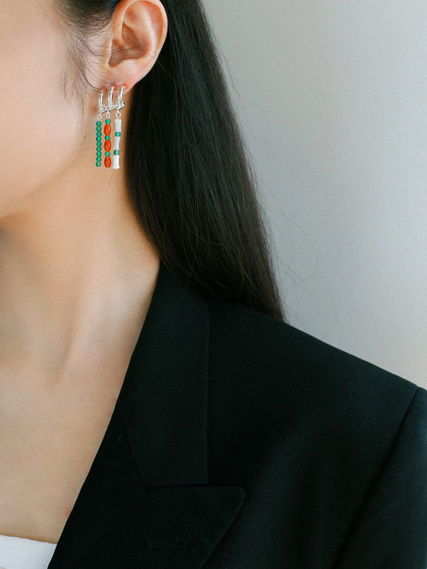 New Chinese Style Bamboo Aventurine Commuting Three-Layer Earrings