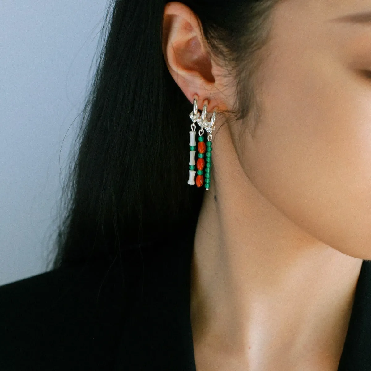 New Chinese Style Bamboo Aventurine Commuting Three-Layer Earrings