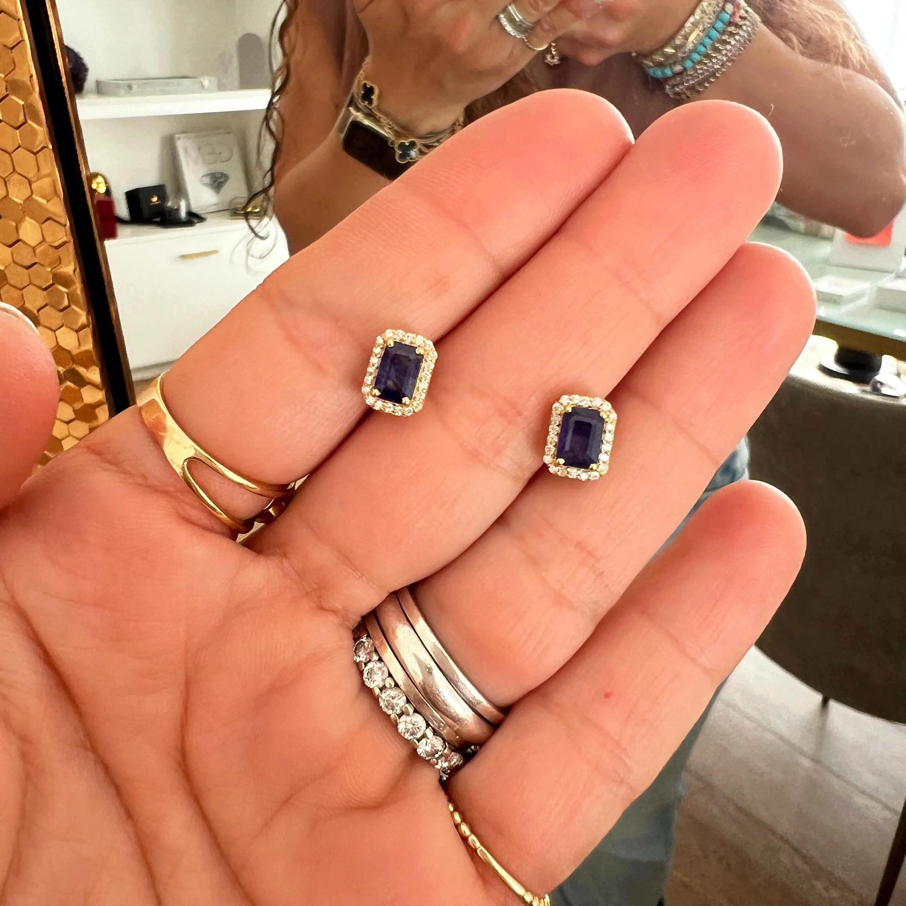 Octagon Sapphire With Diamond Halo Studs