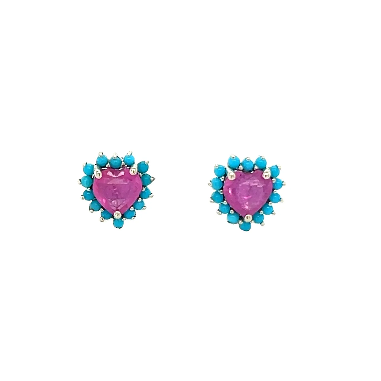 Pink Sapphire Heart With Turquoise Halo Studs