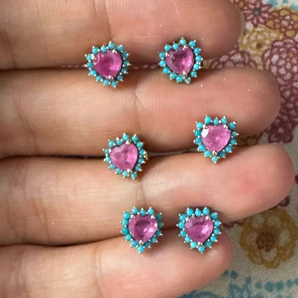 Pink Sapphire Heart With Turquoise Halo Studs