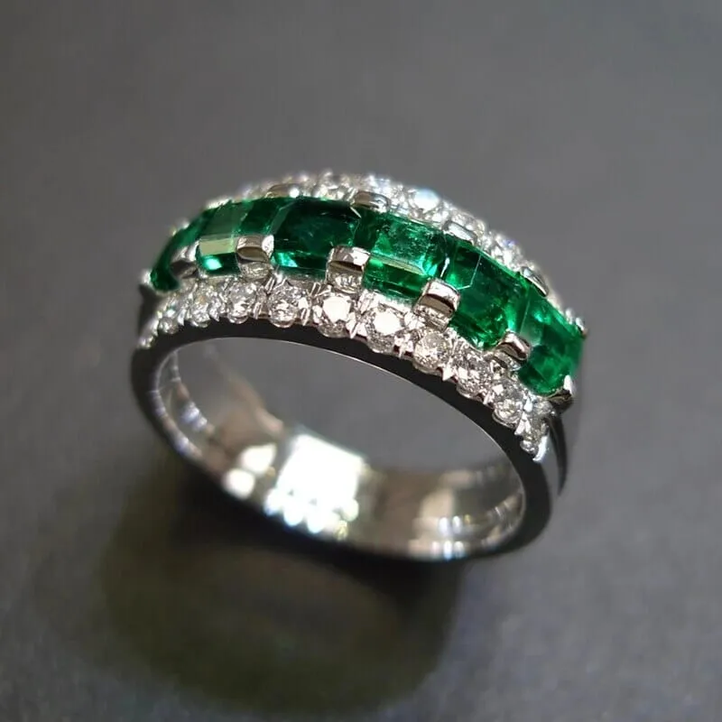 Princess Square Cut Emerald Silver Ring