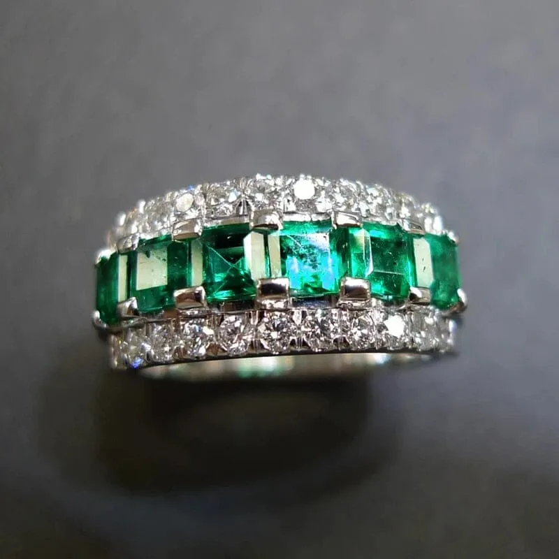 Princess Square Cut Emerald Silver Ring