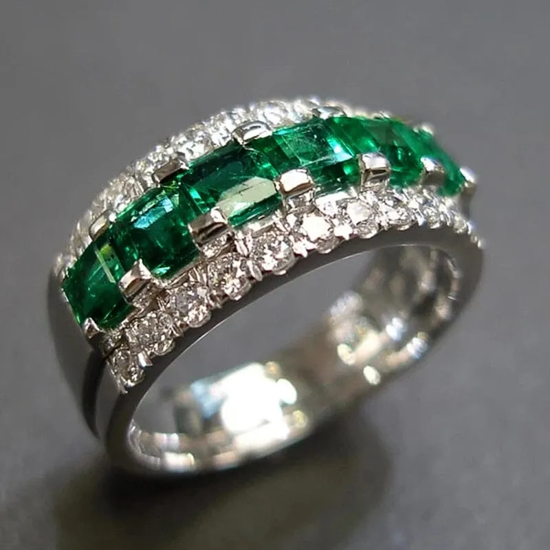 Princess Square Cut Emerald Silver Ring