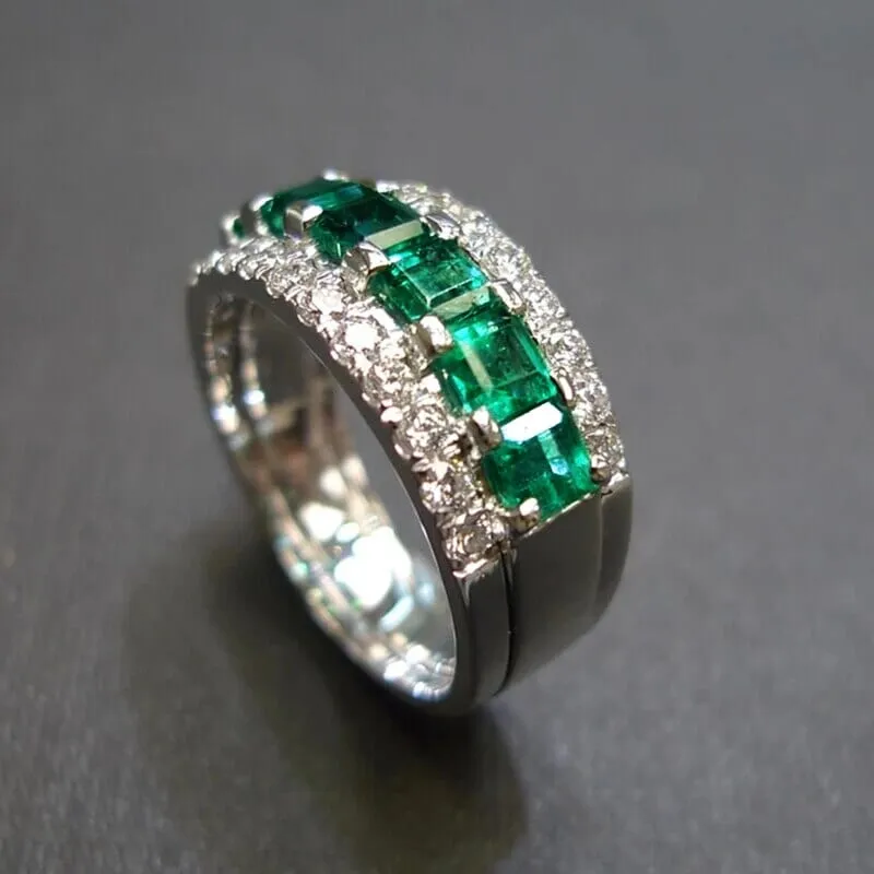 Princess Square Cut Emerald Silver Ring