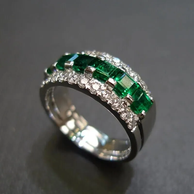 Princess Square Cut Emerald Silver Ring