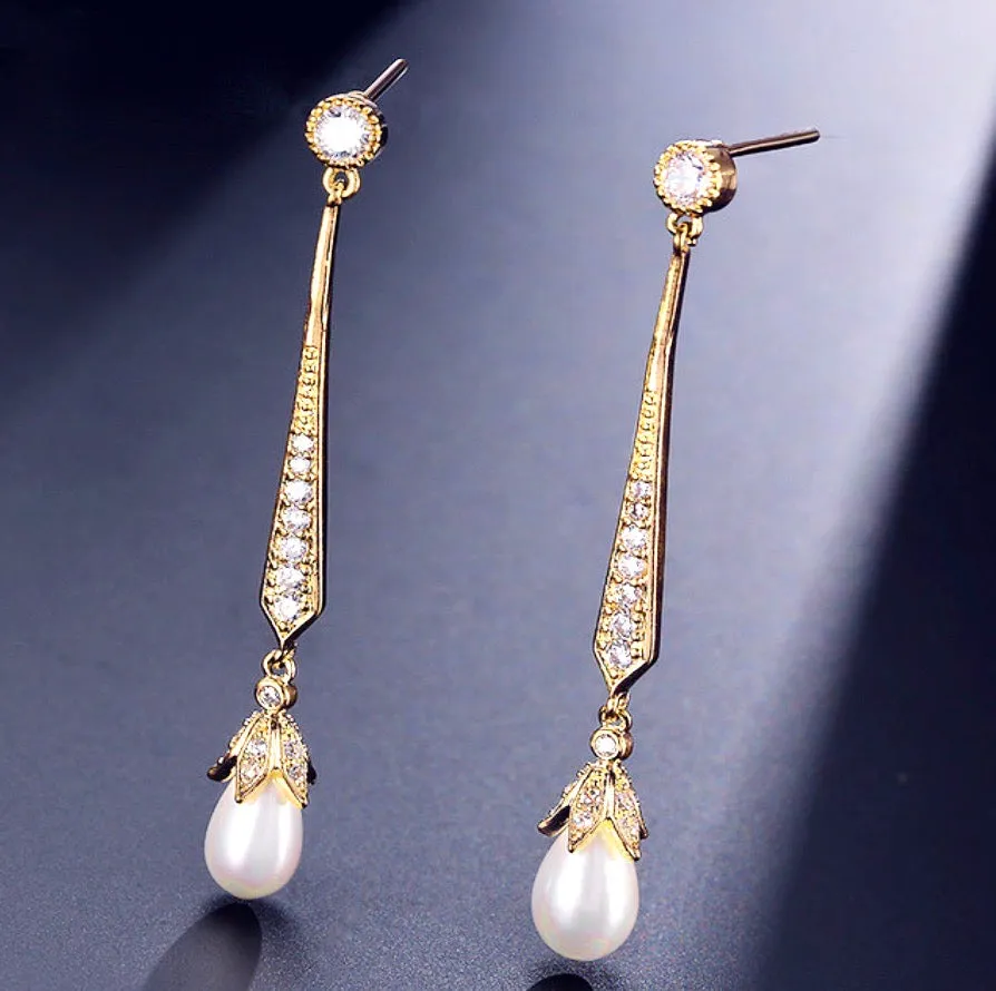 "Cece" - Art Deco Pearl and CZ Bridal Earrings - Available in Silver, Rose Gold and Yellow Gold