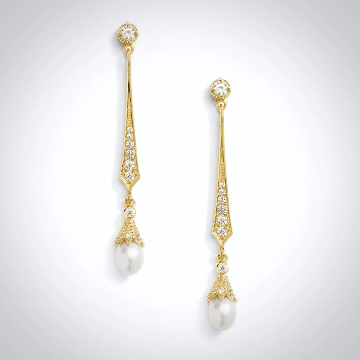 "Cece" - Art Deco Pearl and CZ Bridal Earrings - Available in Silver, Rose Gold and Yellow Gold