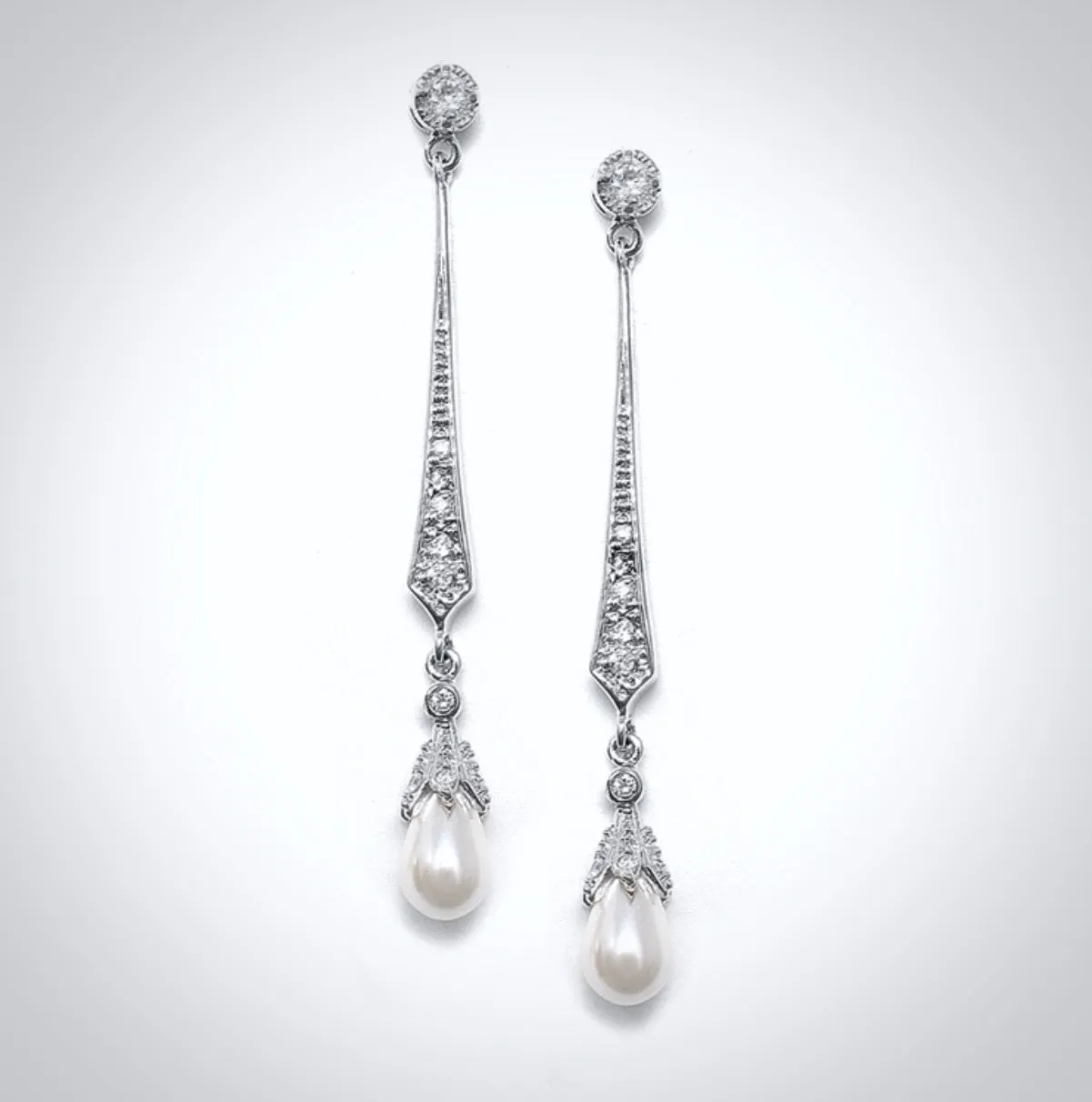 "Cece" - Art Deco Pearl and CZ Bridal Earrings - Available in Silver, Rose Gold and Yellow Gold