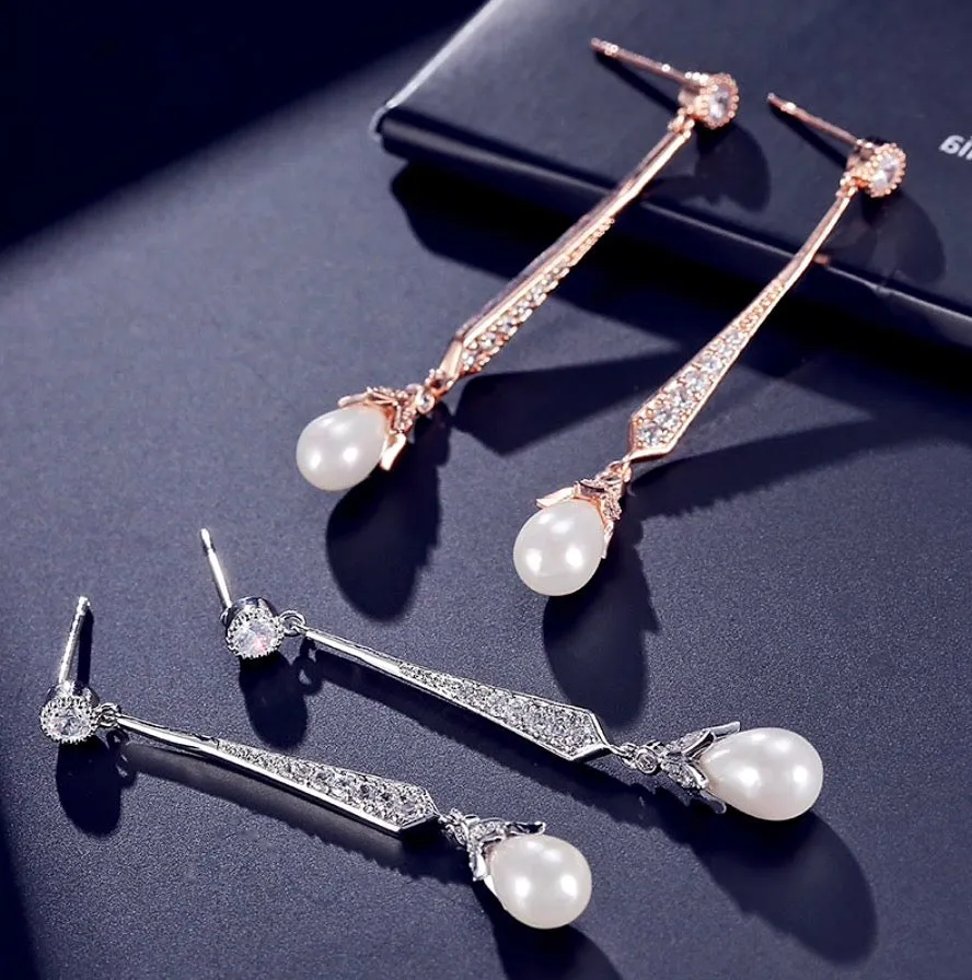 "Cece" - Art Deco Pearl and CZ Bridal Earrings - Available in Silver, Rose Gold and Yellow Gold