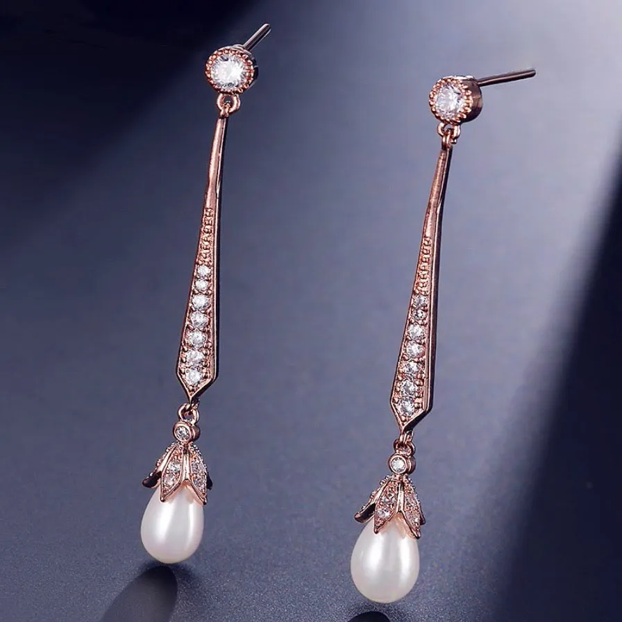 "Cece" - Art Deco Pearl and CZ Bridal Earrings - Available in Silver, Rose Gold and Yellow Gold