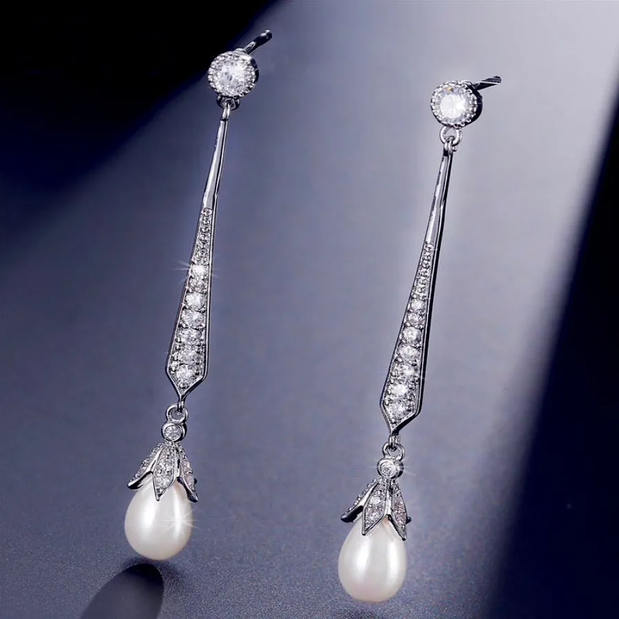 "Cece" - Art Deco Pearl and CZ Bridal Earrings - Available in Silver, Rose Gold and Yellow Gold