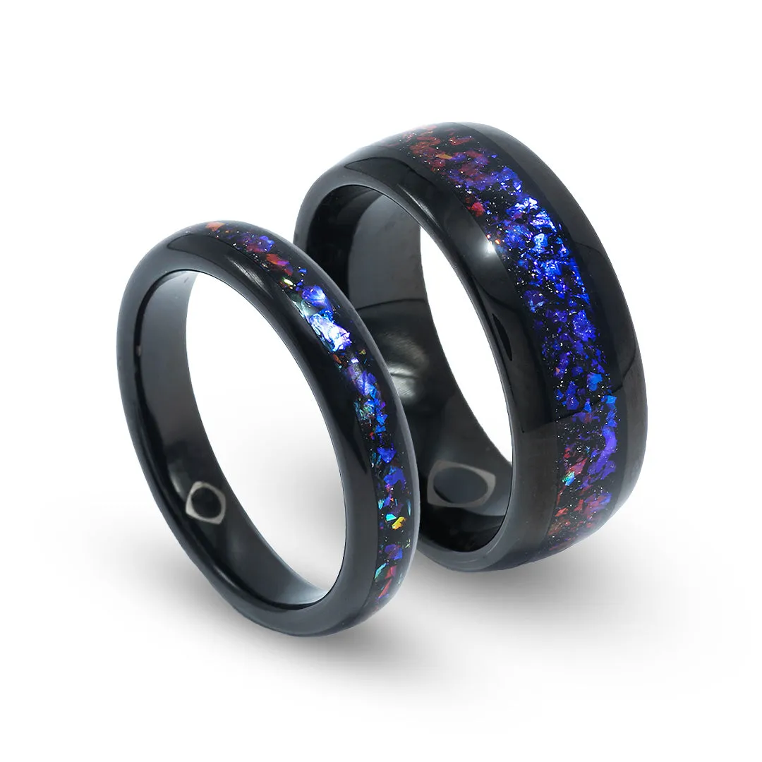 "Cosmic Bond" Galaxy Ring Set – Nebula-Inspired Black Wedding Bands with Blue Opal for His and Hers