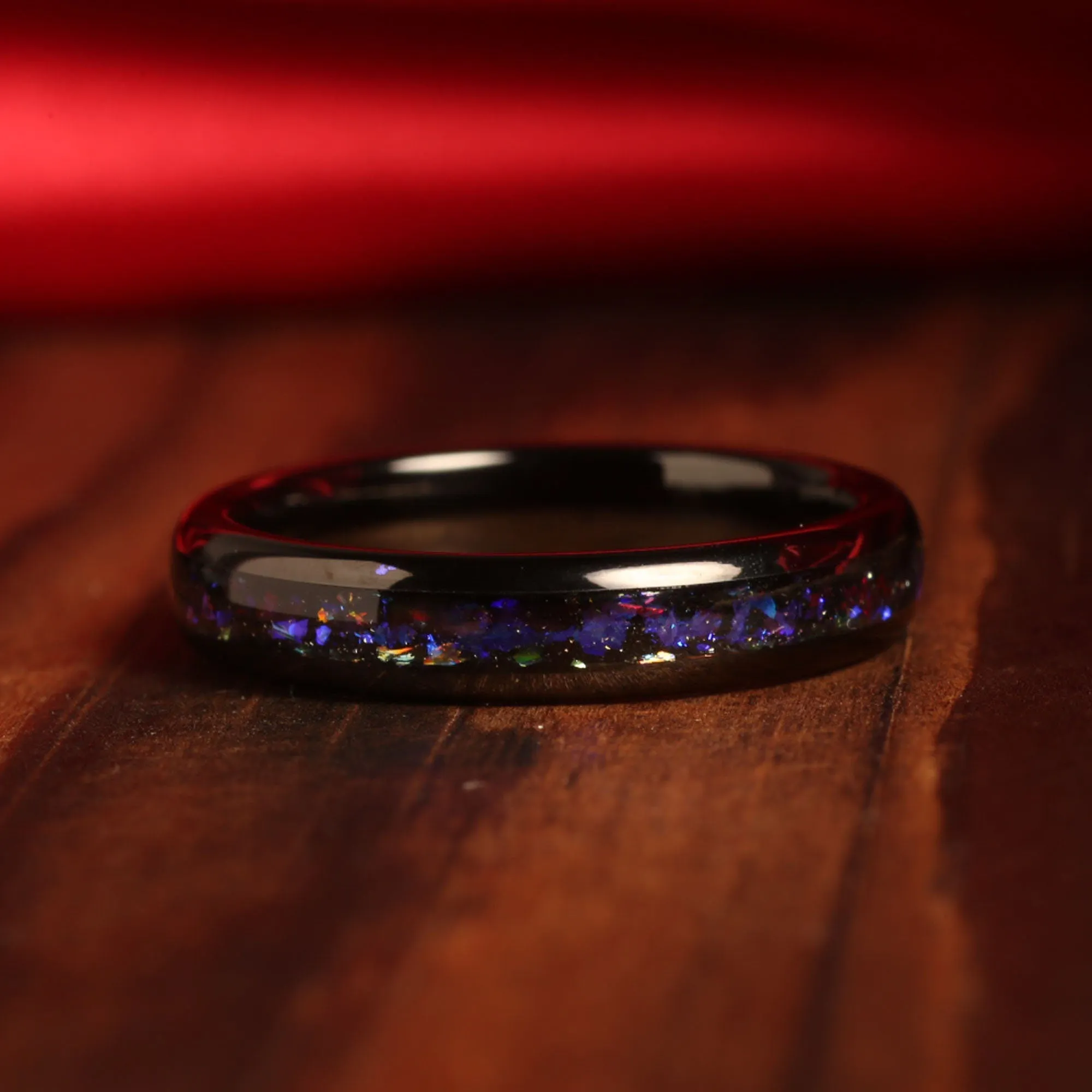 "Cosmic Bond" Galaxy Ring Set – Nebula-Inspired Black Wedding Bands with Blue Opal for His and Hers