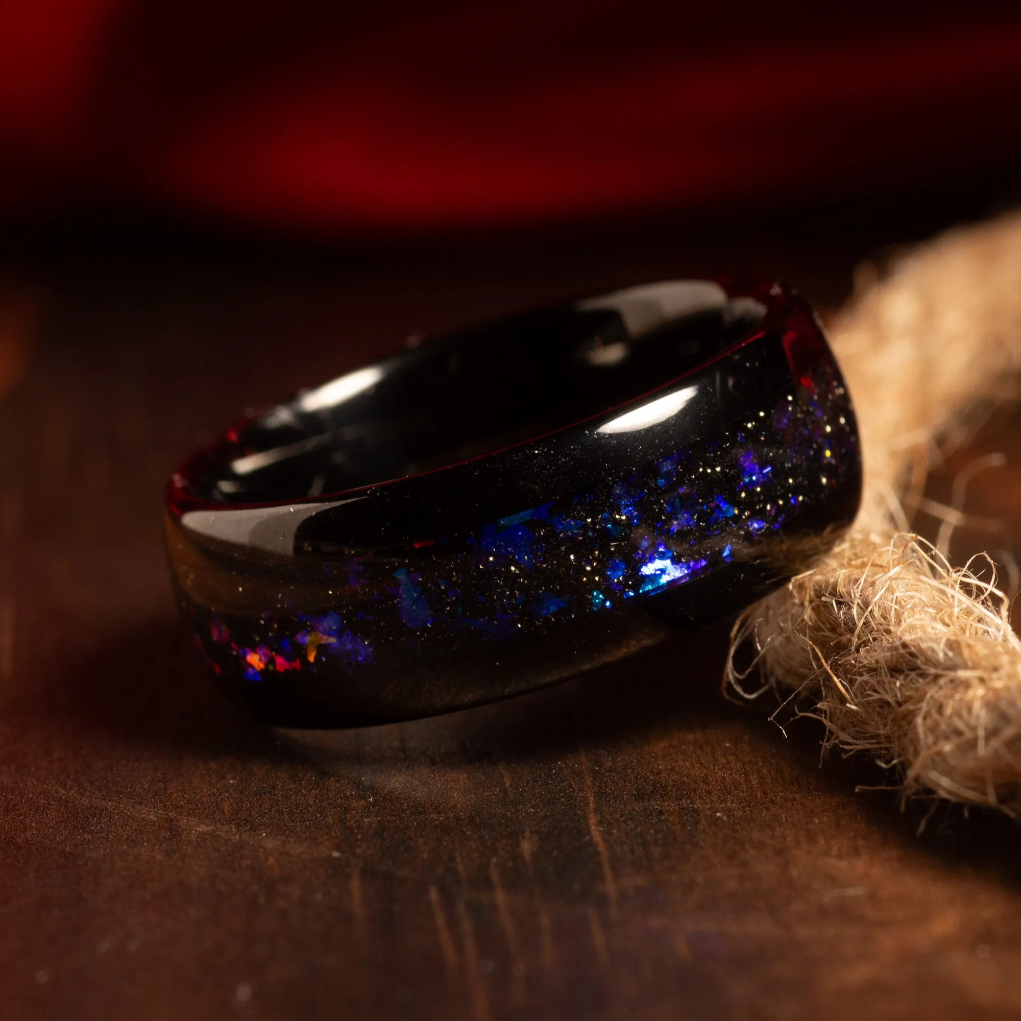 "Cosmic Bond" Galaxy Ring Set – Nebula-Inspired Black Wedding Bands with Blue Opal for His and Hers