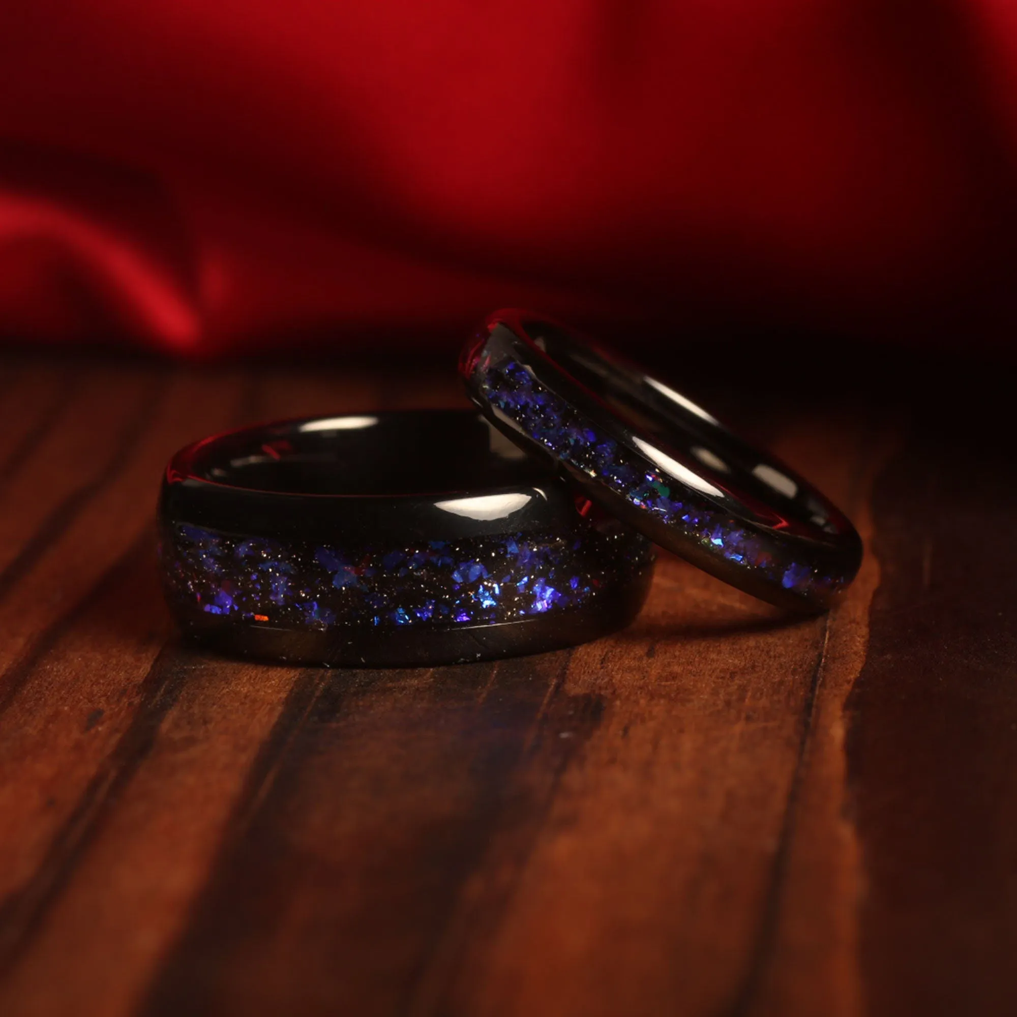 "Cosmic Bond" Galaxy Ring Set – Nebula-Inspired Black Wedding Bands with Blue Opal for His and Hers