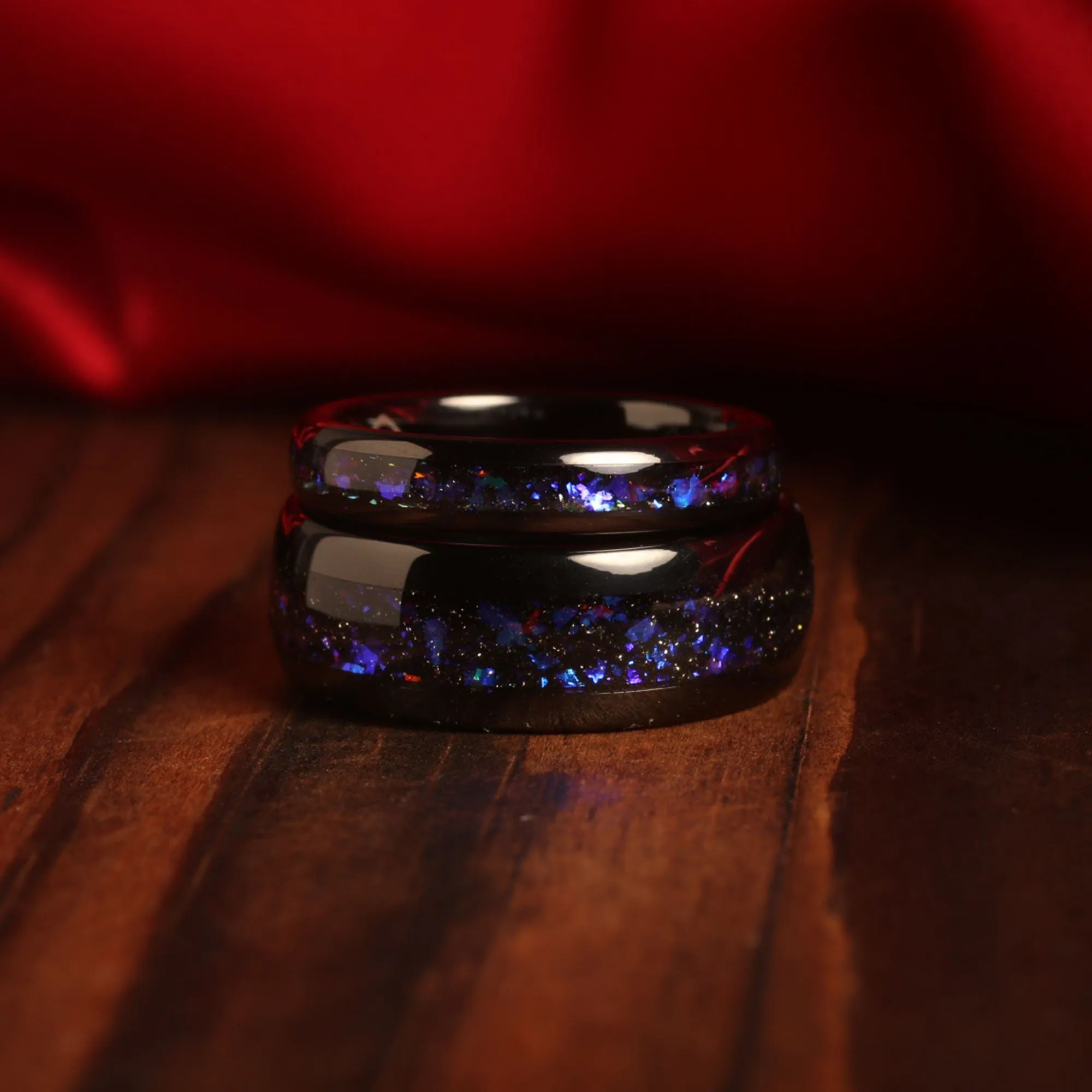 "Cosmic Bond" Galaxy Ring Set – Nebula-Inspired Black Wedding Bands with Blue Opal for His and Hers